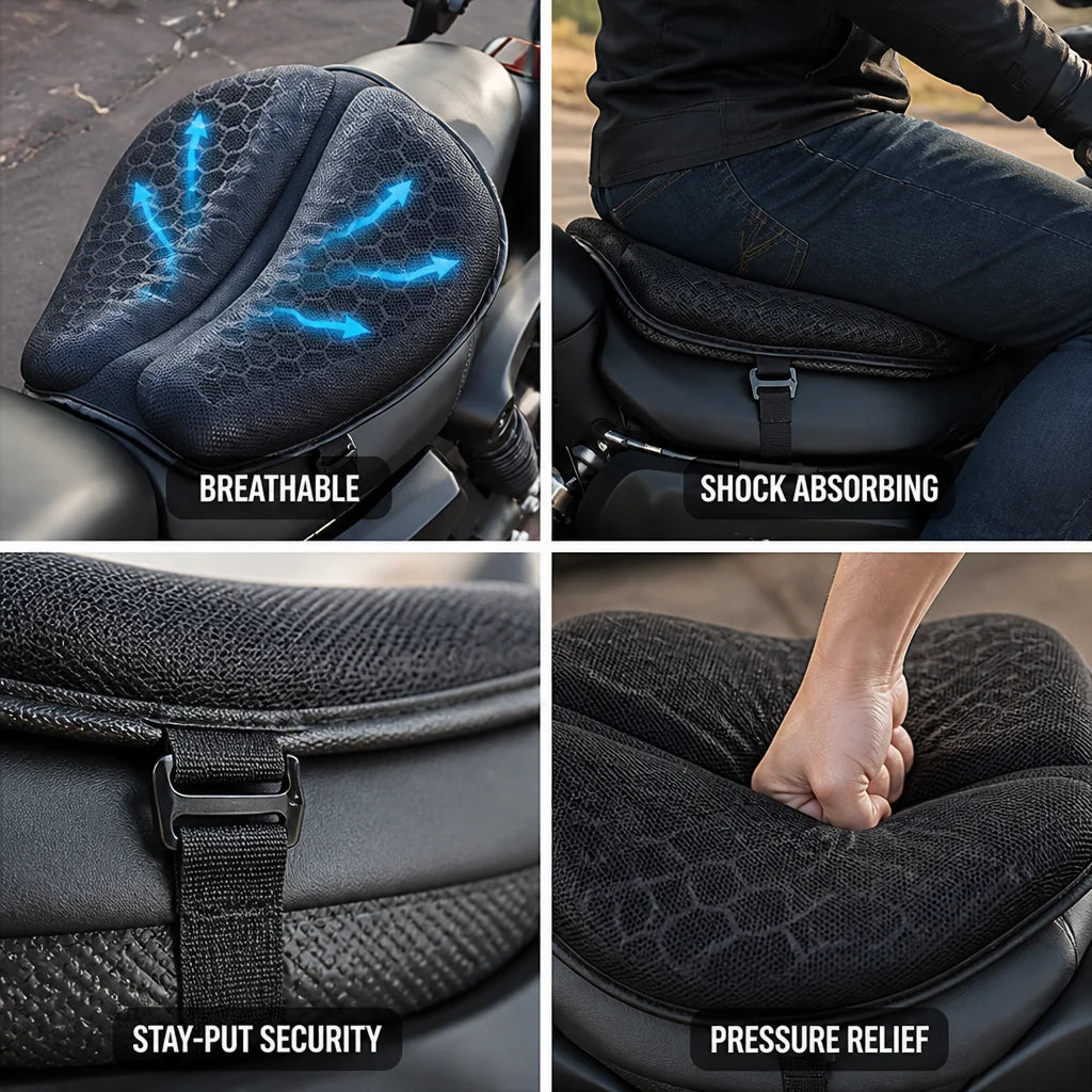 Shock-Absorbing Gel and Breathable Honeycomb Motorcycle Seat Cushion