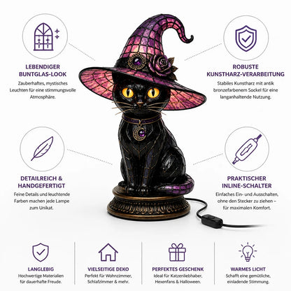 Table lamp with stained glass look, gothic witch cat