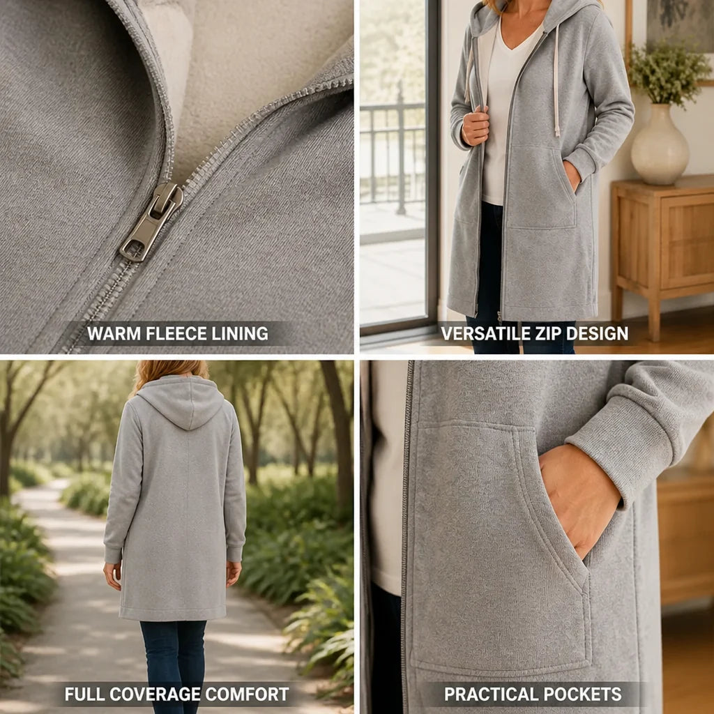 Cotton Blend Fleece Zip-Up Hoodie Tunic