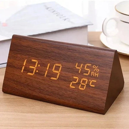 LED Alarm Clock Wood Look with 3 Alarms & Temperature
