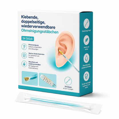 Adhesive, double-sided, reusable ear cleaning sticks (24 pieces)
