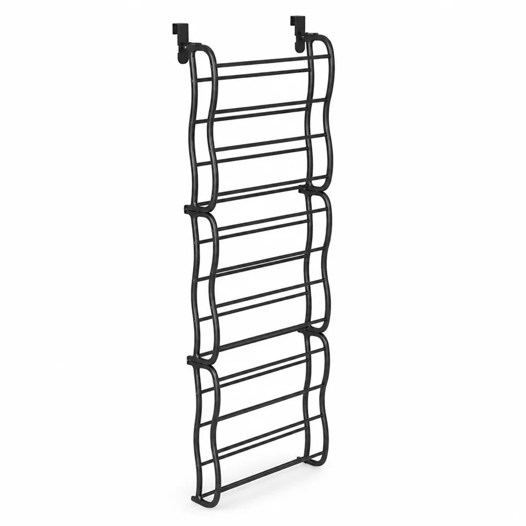 Space-saving, tool-free metal shoe rack for hanging on the door