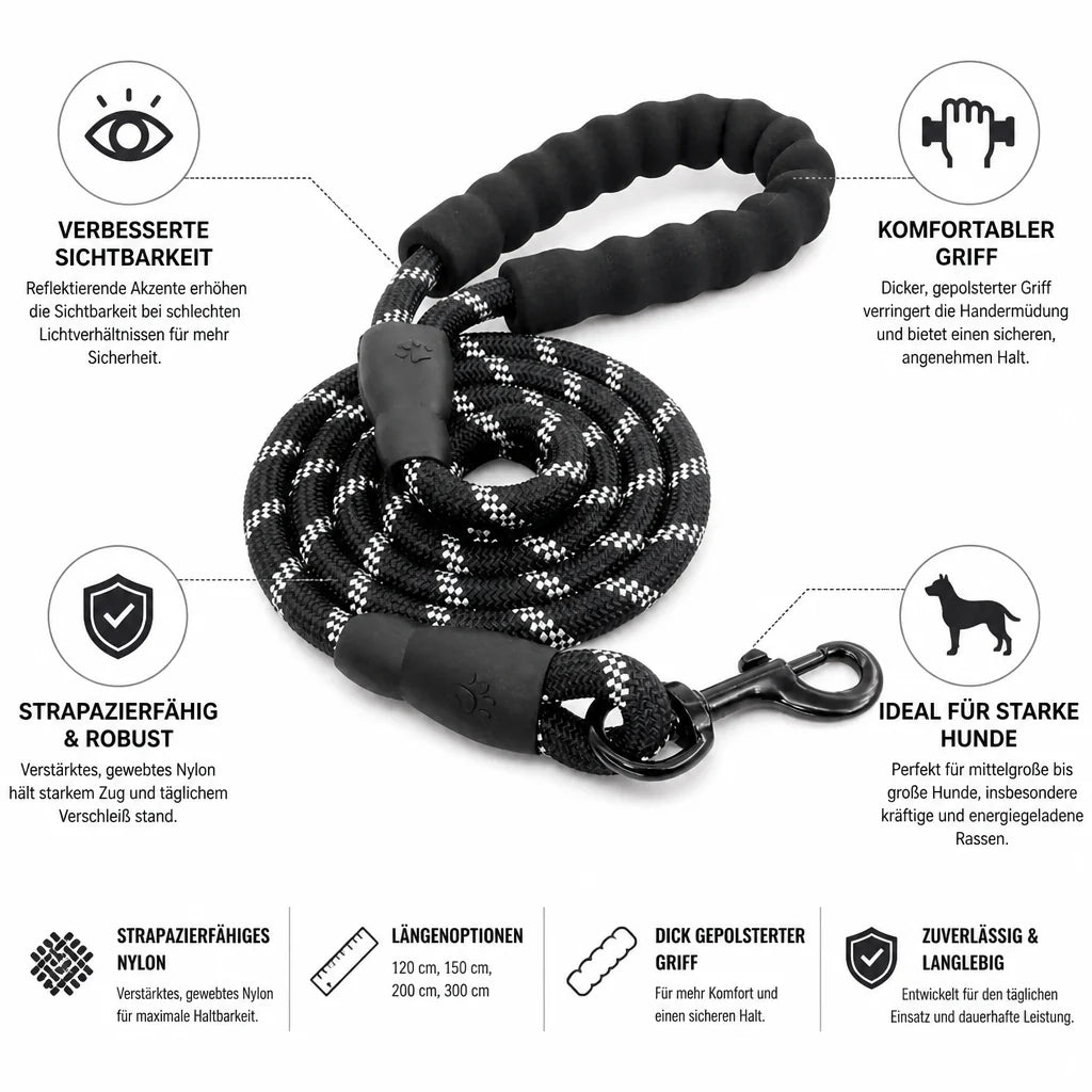 Reinforced Nylon Handle with Padding & Reflective Edge Dog Leash (for Strong Dogs)