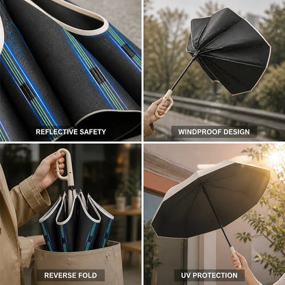 Automatic reversible windproof and reflective umbrella