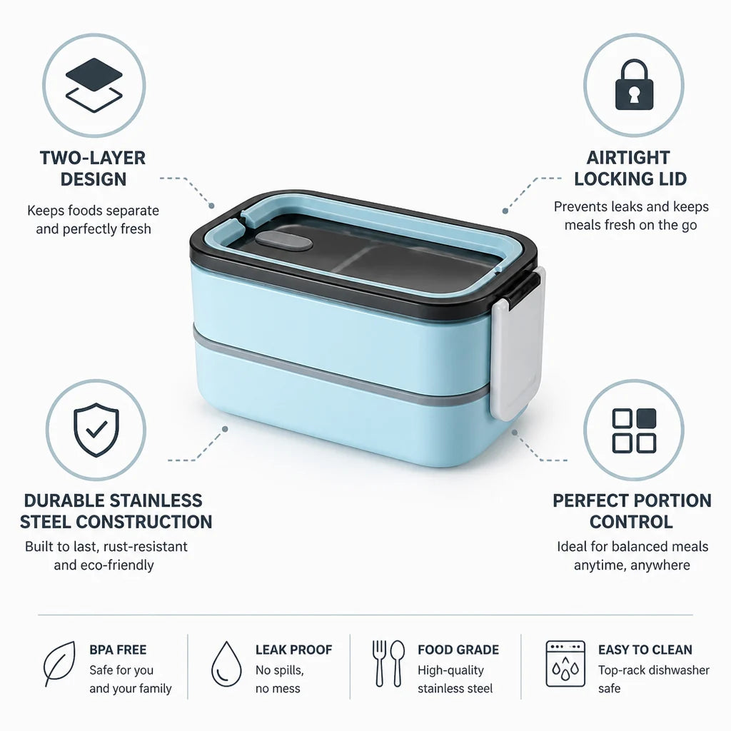 Stainless Steel Two-Layer Airtight Bento Lunch Box